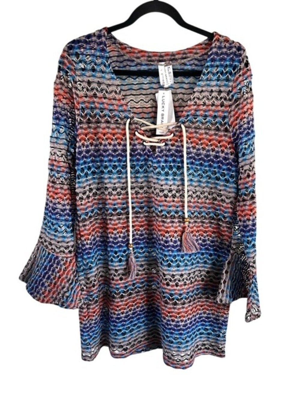 Lucky Brand Colorful Open Knit Lace-Up Swim Coverup Tassels Beach Swim Tunic Lg